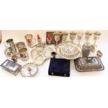 Reed and Barton owl nut dish, six silver plated goblets, silver plated tankards and an assortment of