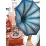 Beltona wind up table top Gramophone, with blue finish metal horn, H65cm max