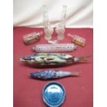 Two Mdina style glass fish, Mdina style glass rolling pin, two glass ships in bottles etc