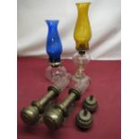 C20th "GWR" brass railway carriage lamps with clear glass shades and brass diffusers, two other