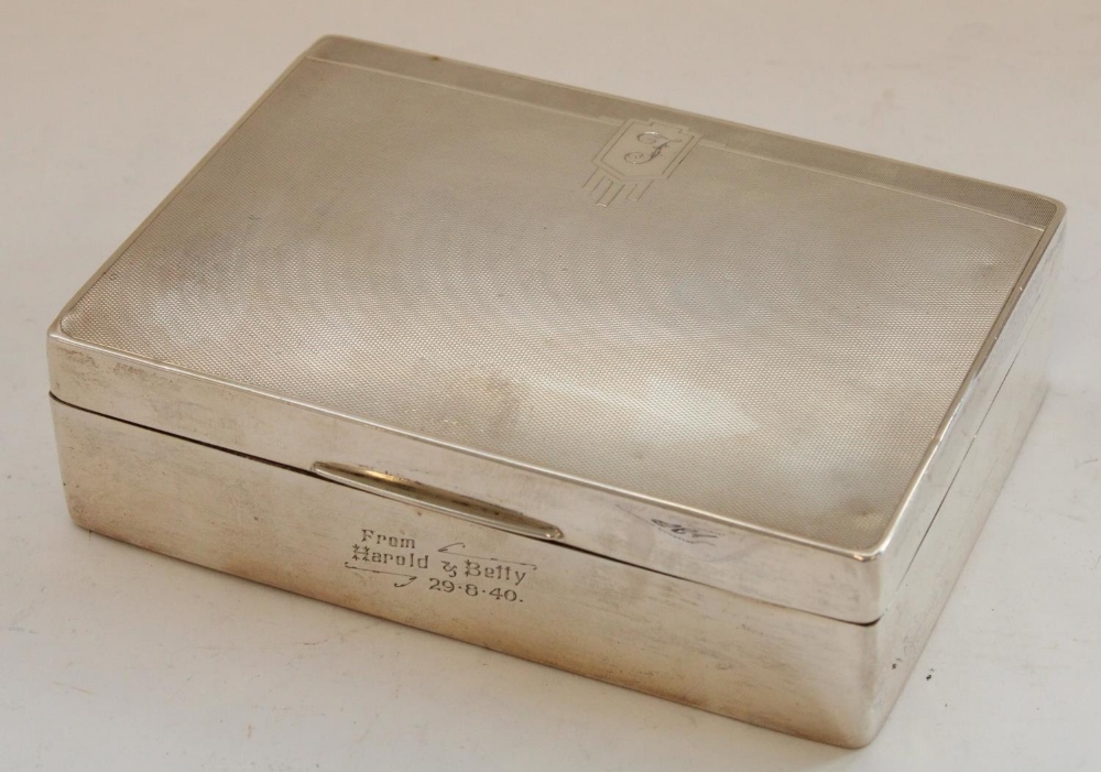 Geo.V period hallmarked silver cigarette box, with engine turned decoration to lid, monogrammed