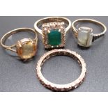 9ct yellow gold ring set with citrine, stamped 9ct, size M1/2, and three other 9ct gold rings set