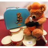 Steiff Master Builder bear complete with original labels and case, Royal Doulton Bunnykins stand