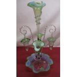 Victorian glass epergne, with central flute surrounded by alternating flutes and baskets on rope