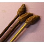 3 pinecone topped walking sticks, 2 cherry, 1 ash. Overall length 140cm.