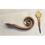 Unusual copper horn twist powder scoop/measure, unusual farthing presentation pen knife (2)