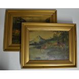 2 framed but unglazed oil paintings of Stags and Deer in scenic settings. One is signed "N.Wilson