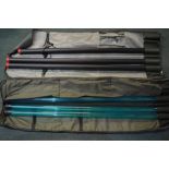 2 large green canvas fishing rod/Roach Pole bags by Kevin Nash with 6 hard shell rod tubes (3x184cm,