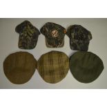 3 flat caps, all size large and 3 baseball style real tree camouflaged caps, 1 by Browning, 1 by