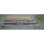 Landing net, keep net, vintage split cane three piece fly rod with spare tip, L279cm (with shorter