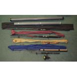 5 course and general purpose carbon graphite rods, 1 reel and 2 empty hard shell rod cases: A