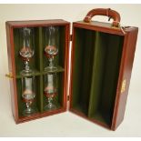As new leather cased Rev Pavon travelling shooting decanter and glass set with single carry handle