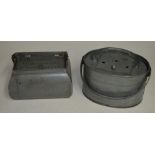 2 steel plate live bait tins, 1 with outer bucket and inner mesh case. Rectangular tin: L27.5xW20,