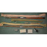 3 vintage glass fibre bbeachcasting/boat/pier fishing rods and a collection of sea fishing