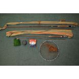 2 vintage glass fibre single handled fly rods, a landing net (no handle), some fly-line and a fly