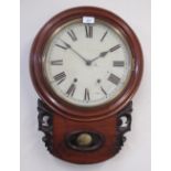 Late C19th/early C20th mahogany cased drop dial wall clock, brass bezel enclosing painted 29.7cm