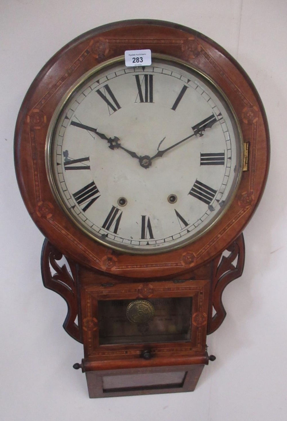 Jerome & Co. superior 8 day Anglo-American clocks, late C19th/early C20th inlaid walnut drop dial