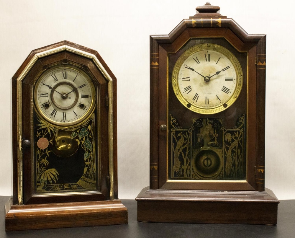 Seth Thomas, C20th mahogany cased shelf clock, the inlaid case of plain form, glazed and painted