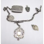 Hallmarked sterling silver curb link Albert chain, with four hallmarked sterling silver shield