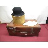 M Calvert 9 Gillygate York, mid C20th bowler hat and hat box, pair of gentleman's white cotton