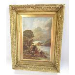 E. Milne (British late C19th): Angler in an extensive Highland wooded landscape, oil on board,