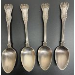 Set of four Scottish hallmarked silver Kings pattern dessert spoons, probably Mitchell & Sons