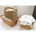 Collection of cotton and other table linen incl. cloths, napkins etc, part finished modern sampler
