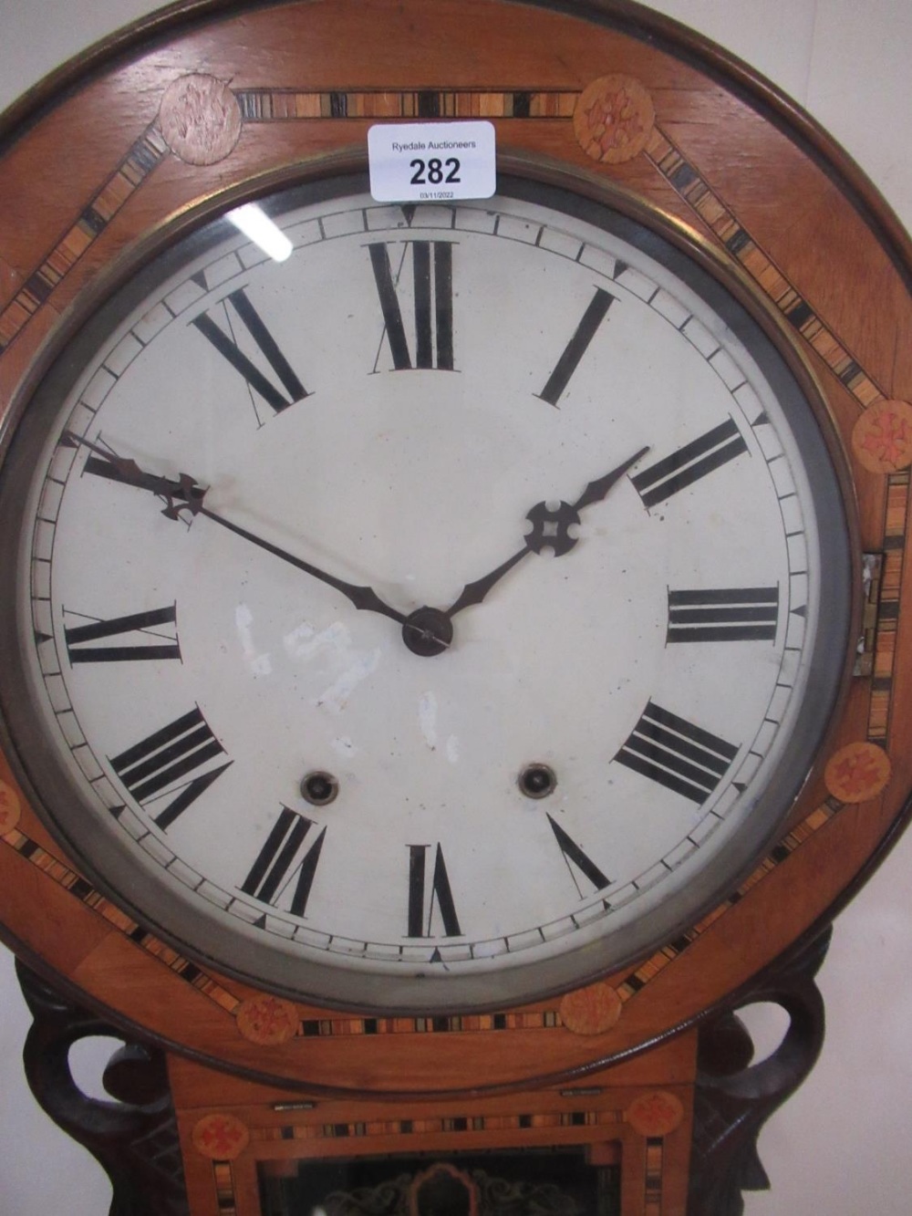 Late C19th/early C20th American inlaid walnut drop dial wall clock, brass bezel enclosing painted - Image 2 of 4