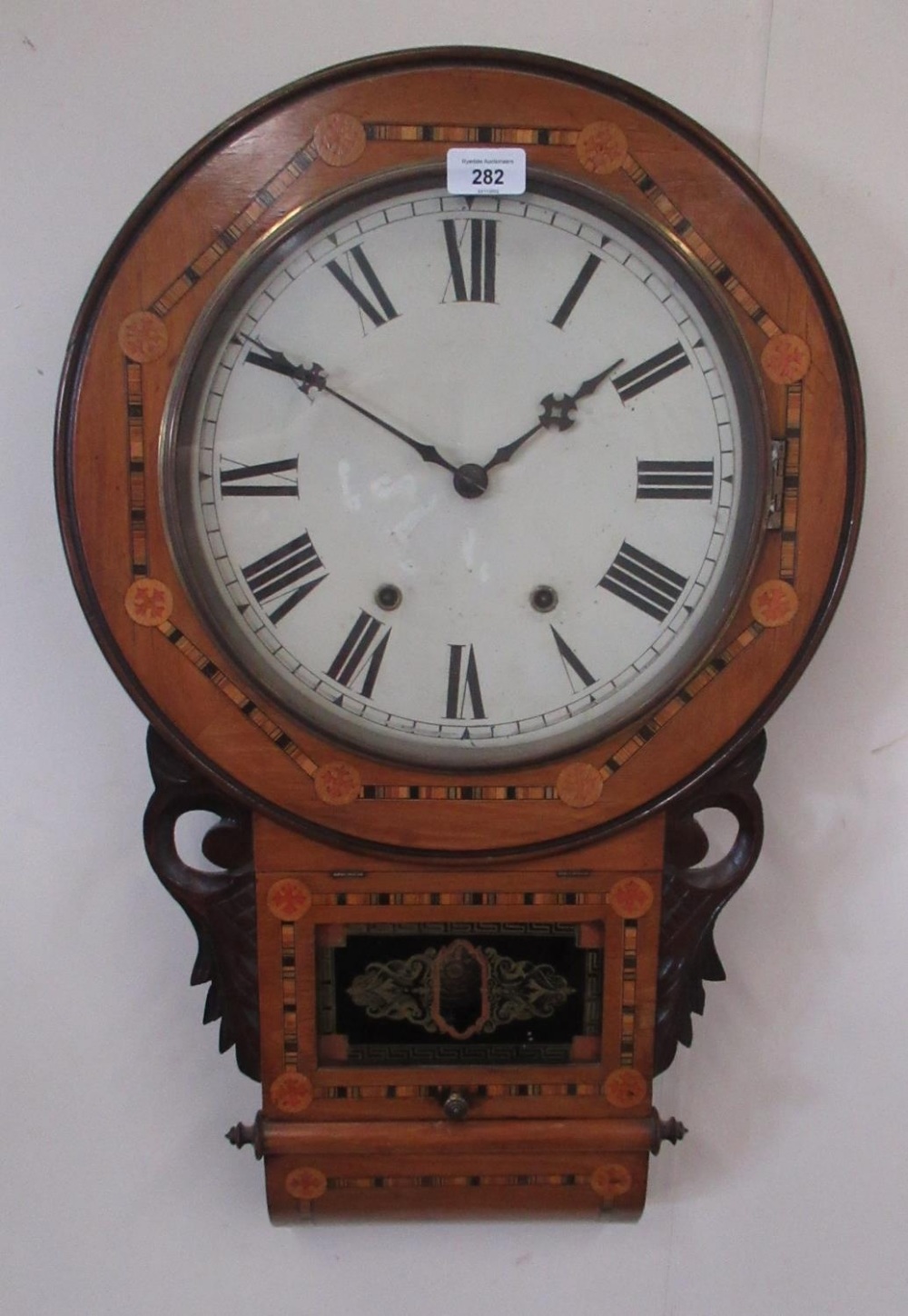 Late C19th/early C20th American inlaid walnut drop dial wall clock, brass bezel enclosing painted