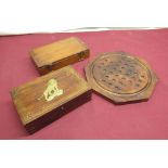 C20th solitaire board with marbles, 20th Indo-Persian inlaid mahogany box, inlaid brass wire and