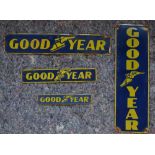 4 small enameled steel plate advertising signs for Goodyear. 3 landscape and 1 portrait format.