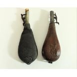 C19th G & JW Hawksley black bag form leather shot flask, and another C19th tooled leather shot flask