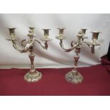 Pair of C20th EPNS rococo design three branch candelabra with scrolled rustic arms, converted to