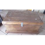 C20th pitch pine joiners tool box containing chisels, saws, brace, scribes etc, W80cm W50cm H36cm