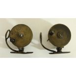 Near pair of Mallochs Patent brass side caster reels