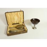 Geo.V hallmarked silver dressing table hand mirror and brush set in original fitted case, David Moss