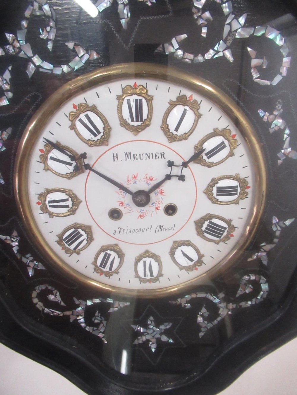 Late C19th French ebonised vineyard clock, shaped and moulded case, the bezel surround inset with - Image 2 of 2