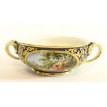 C19th porcelain two handled Ecuelle bowl in the manner of Sevres, gilt decorated with scrolls on