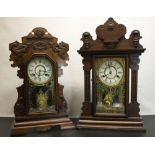 Two late C19th New Haven Clock Co. mahogany cased shelf clocks, with carved cases, cream dials
