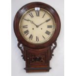 Late C19th/early C20th inlaid walnut drop dial wall clock, brass bezel enclosing painted 30cm