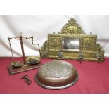 C20th apothecary balance scales on shaped mahogany base with brass pans and a selection of