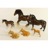 Beswick Welsh Cob, Cantering Shire and foal in brown gloss together with three Palomino foals