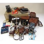 Three Kodak Brownie box cameras, Agfa Silette and Kershaw cameras, Western Master light meter etc (
