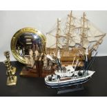 Late C20th naive model of 'Endeavour' on stepped wooden titled base, L47cm x H45cm, similar