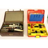 Box of used and played 00 gauge locomotives, rolling stock and models together with a Meccano kit