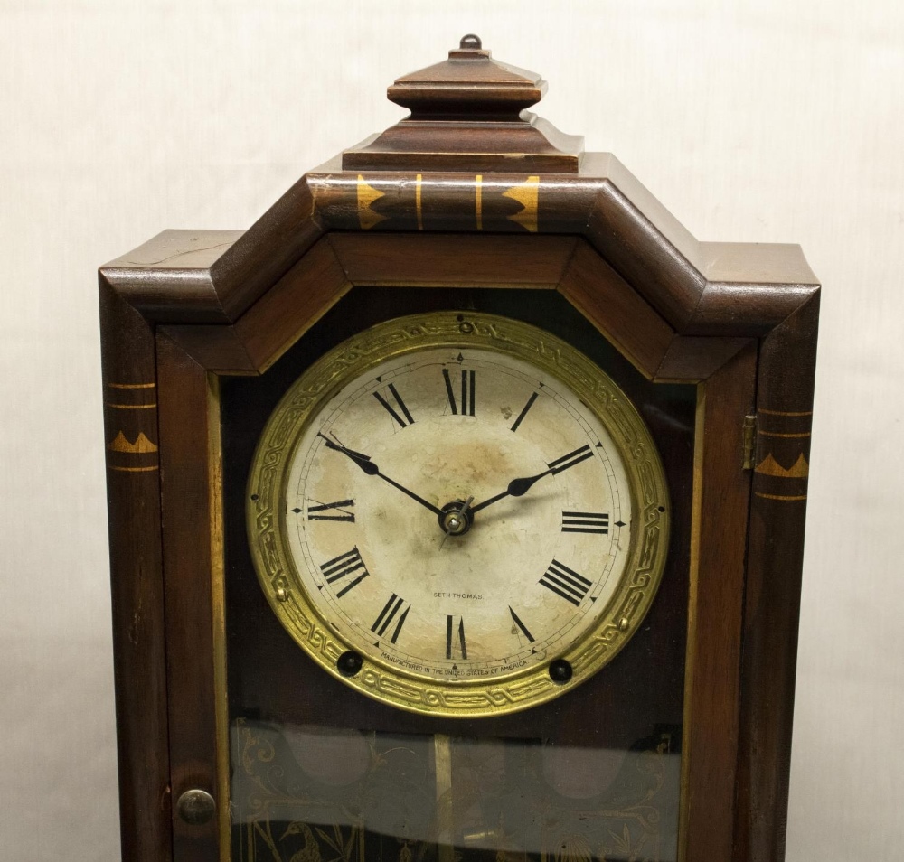 Seth Thomas, C20th mahogany cased shelf clock, the inlaid case of plain form, glazed and painted - Image 3 of 3