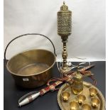 Brass jam pan with steel handle, brass table lamp, Eastern sword and an Eastern brass coffee set on
