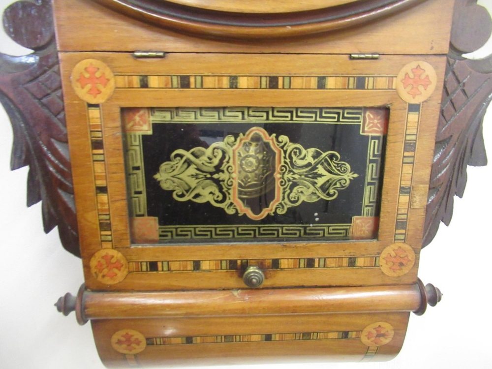 Late C19th/early C20th American inlaid walnut drop dial wall clock, brass bezel enclosing painted - Image 3 of 4