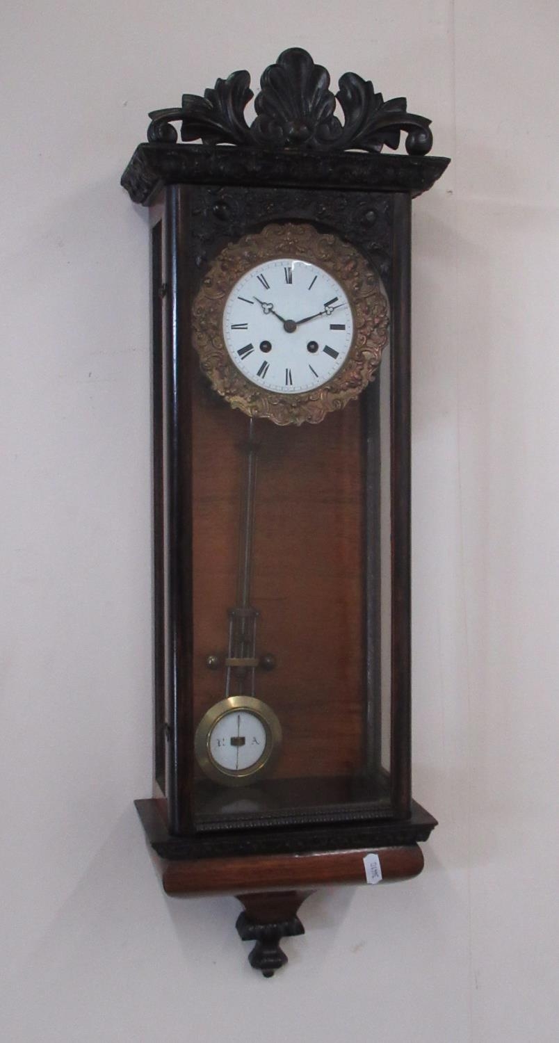 C19th French rosewood cased wall clock, case with carved decoration and acanthus floral pediment,