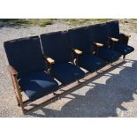 Run of five Kalee cast iron framed Cinema seats with curved backs and lift-up seats, L235cm D43cm